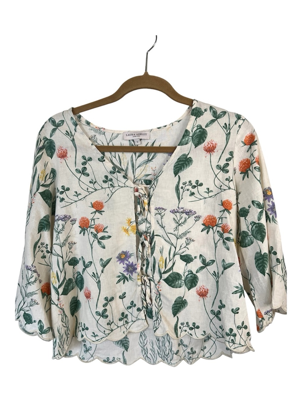 Laura Ashley Linen Blend Cottagecore Cream Floral Tie-Front Peasant Blouse